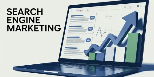 Semi-realistic illustration of paid search results with highlighted ads and analytics elements representing search engine marketing visibility.