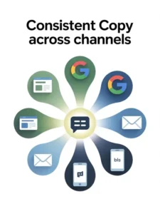 Illustration showing consistent brand messaging across website, Google Business Profile, social media, email, and other digital channels.