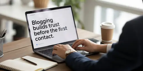 Business professional writing a blog post on a laptop in a modern workspace, illustrating how clear and helpful content builds customer trust before the first contact.