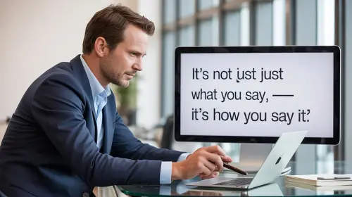 Marketing professional reviewing website content on a laptop, emphasizing clear messaging and effective communication in a modern office setting.
