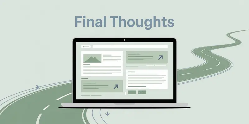 Modern website interface with upward improvement graphics representing final thoughts on balancing SEO and usability in digital marketing.