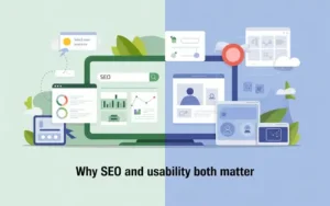 Illustration showing the balance between SEO elements and user experience design, highlighting why both matter for effective website optimization.