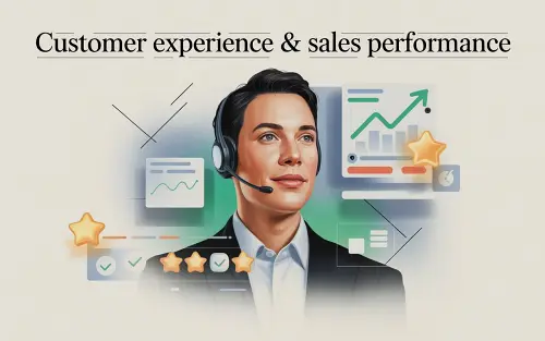 Illustration showing improved customer experience and sales performance with analytics icons, communication symbols, and customer support interaction.