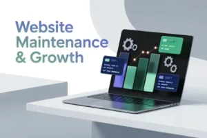 Illustration of a laptop with gears and analytics elements symbolizing website maintenance, optimization, and ongoing digital improvement.