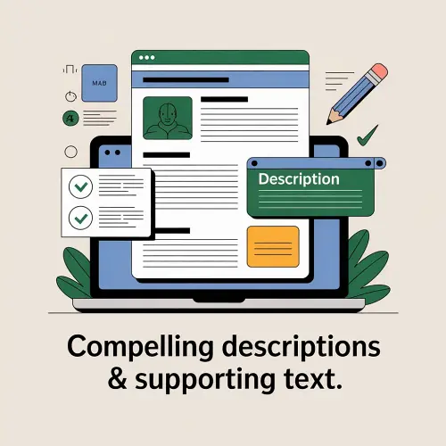 Professional illustration showing structured website text, metadata fields, and content formatting elements to represent writing compelling descriptions and supporting text for SEO.