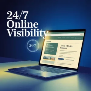 Semi-realistic illustration of a business being visible online 24/7 with a glowing device, clock icon, and modern digital interface.
