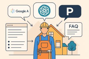 Illustration of a home improvement contractor with AI search bubbles from Google AI, ChatGPT, and Perplexity, showing website and FAQ connections