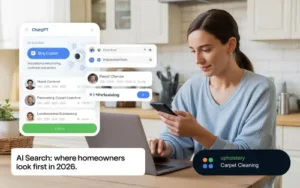 Illustration of a homeowner using ChatGPT, Bing Copilot, and Perplexity to find local contractors, showing how AI search now drives insulation, pest control, cleaning, landscaping, and moving leads.