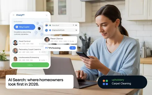 Illustration of a homeowner using ChatGPT, Bing Copilot, and Perplexity to find local contractors, showing how AI search now drives insulation, pest control, cleaning, landscaping, and moving leads.