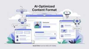 AI search engines analyzing a well-structured contractor webpage with clear headers and answer boxes, illustrating the 2026 standard for AI-optimized content.