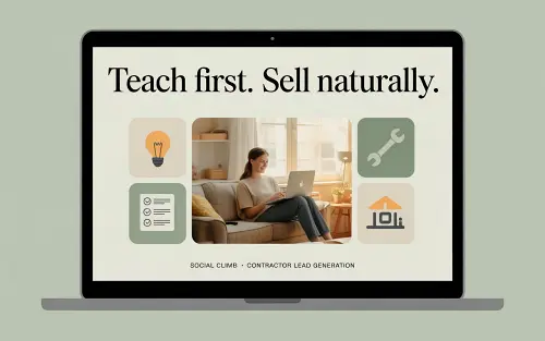 Contractor blog article illustration showing educational, helpful content being read by a homeowner, demonstrating how teaching first generates leads without feeling salesy in 2026.