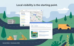 Illustration showing a contractor appearing in Google local map results and organic listings, demonstrating that local search visibility is the foundation but not the finish line for lead generation in 2026.