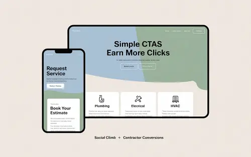 Illustration of mobile and desktop contractor website layouts with clear, transparent calls-to-action, showing how simple CTAs improve conversion rates in 2026.